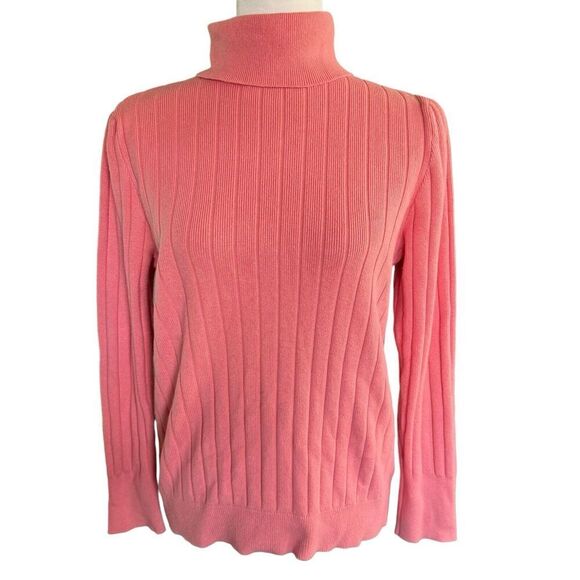 Talbots PUFF SLEEVE RIBBED TURTLENECK SWEATER Peach Sz Large Stretch Comfy - Picture 1 of 8